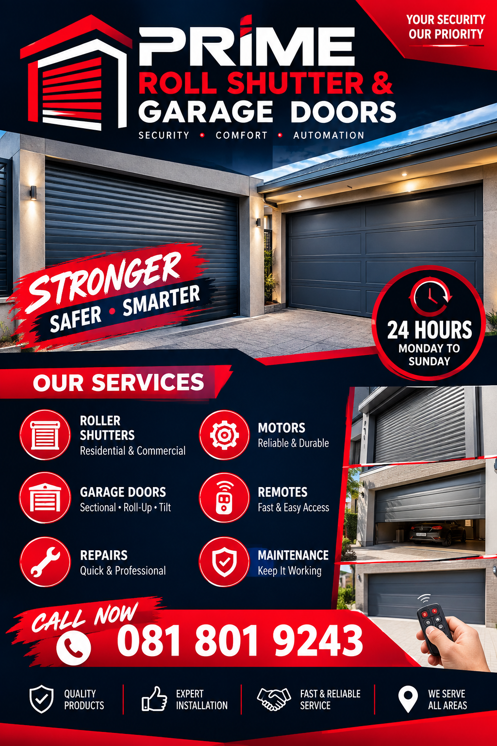 Prime Roll Shutter & Garage Doors advertisement — security, comfort, automation and services